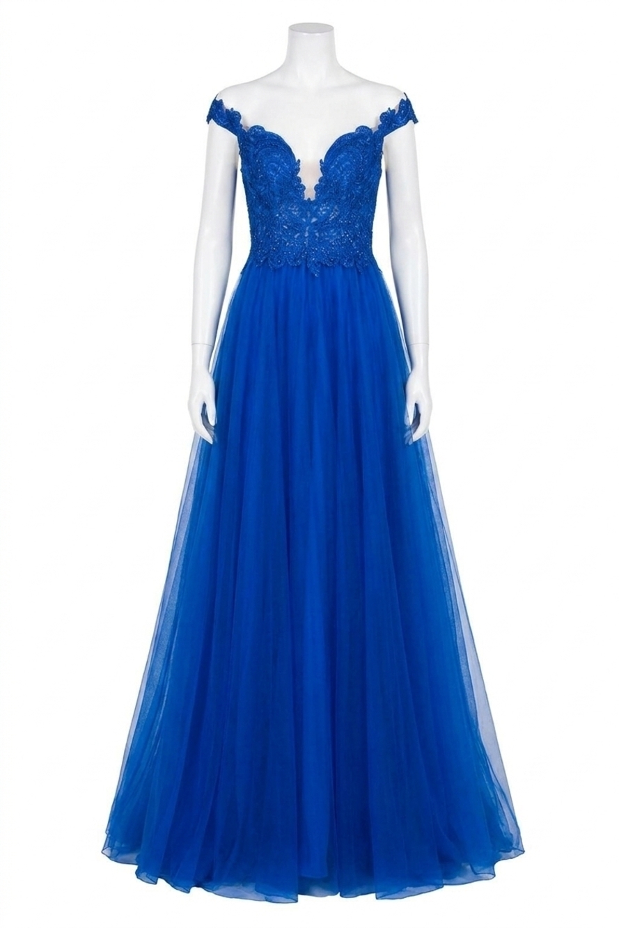 NEW TERANI COUTURE off-the-shoulder lace prom dress in royal/nude